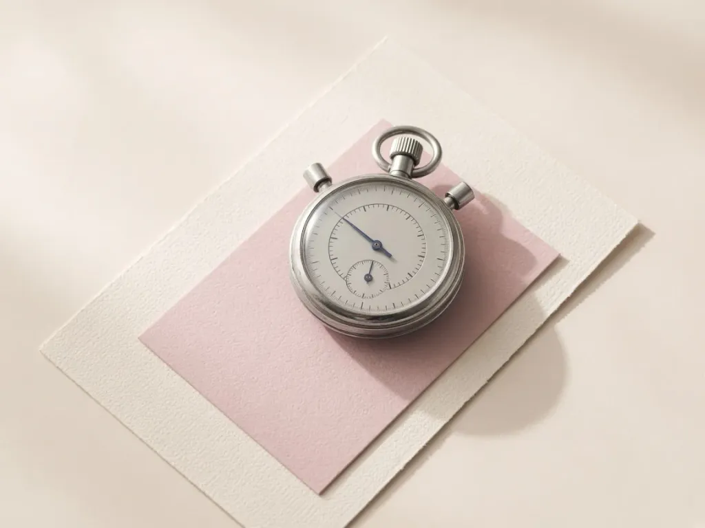 A silver stopwatch on orchid and cream paper