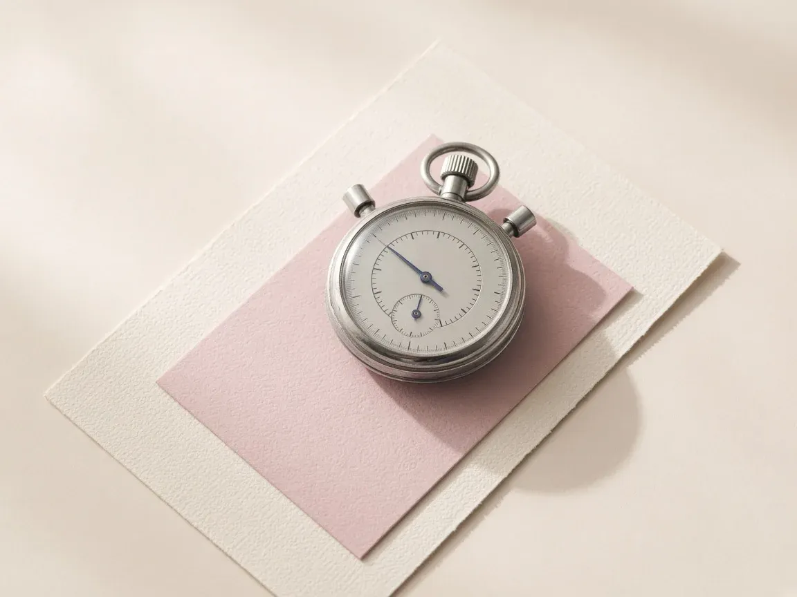 A silver stopwatch on orchid and cream paper