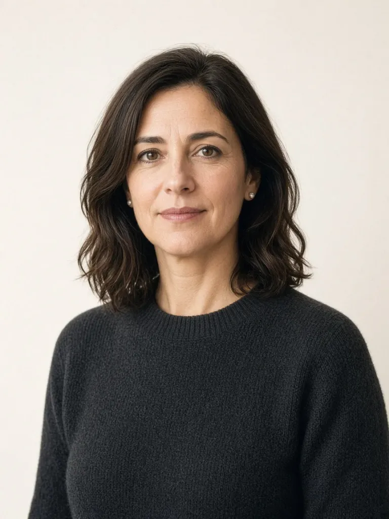 Elena Moretti in a charcoal sweater against a cream backdrop