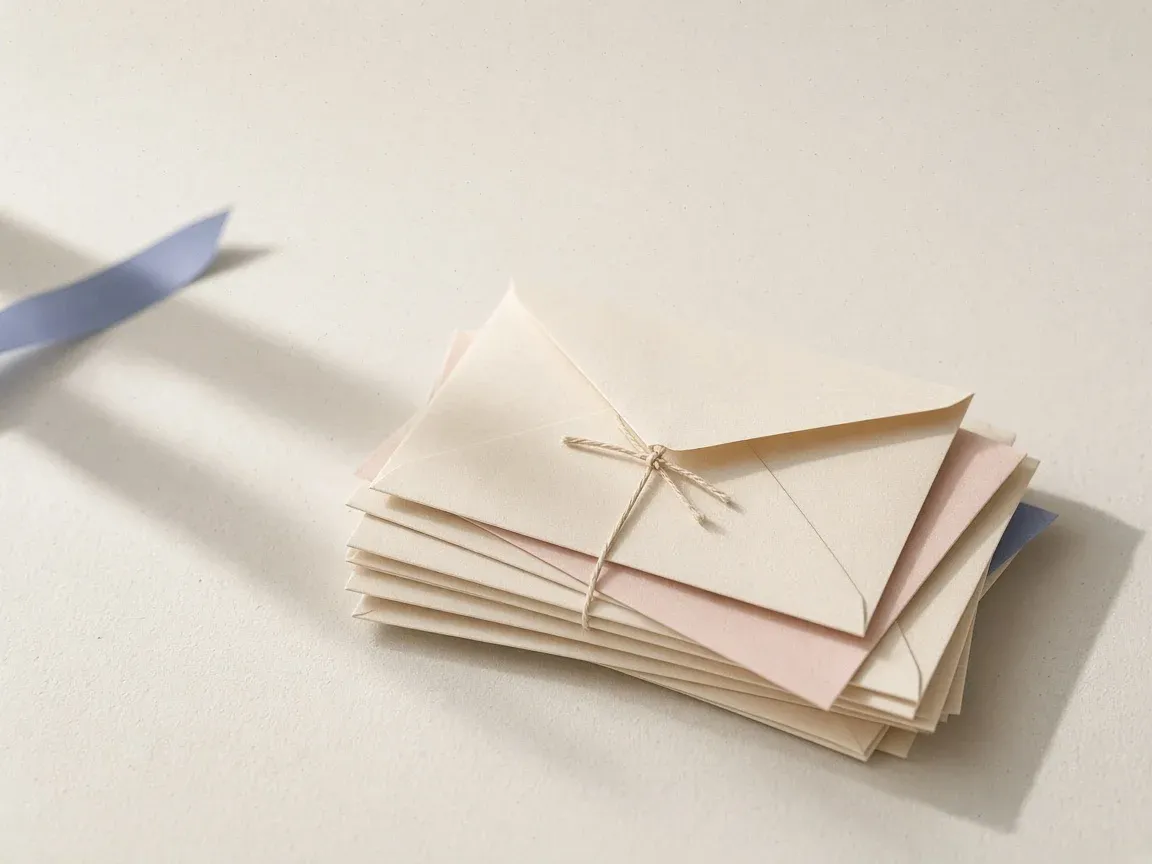 A stack of cream and blush envelopes tied with string