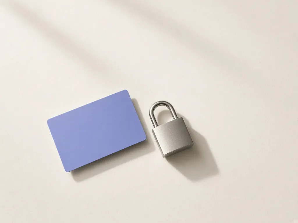 A periwinkle payment card beside a silver padlock