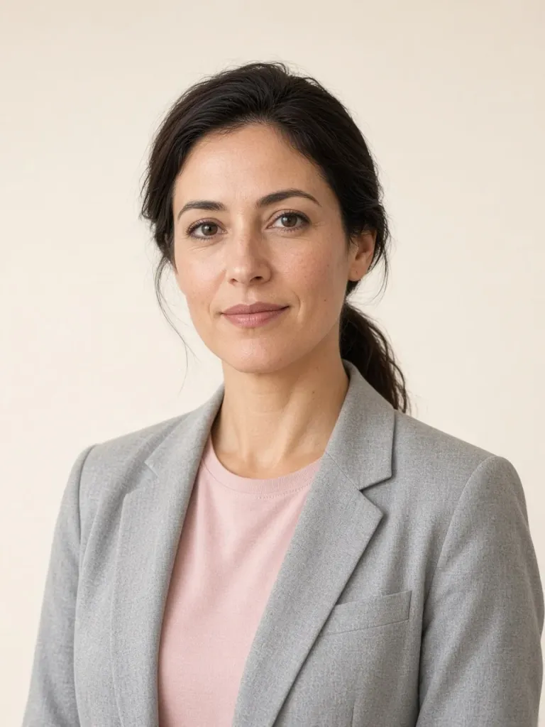 Carmen Ruiz in a grey blazer against a cream backdrop