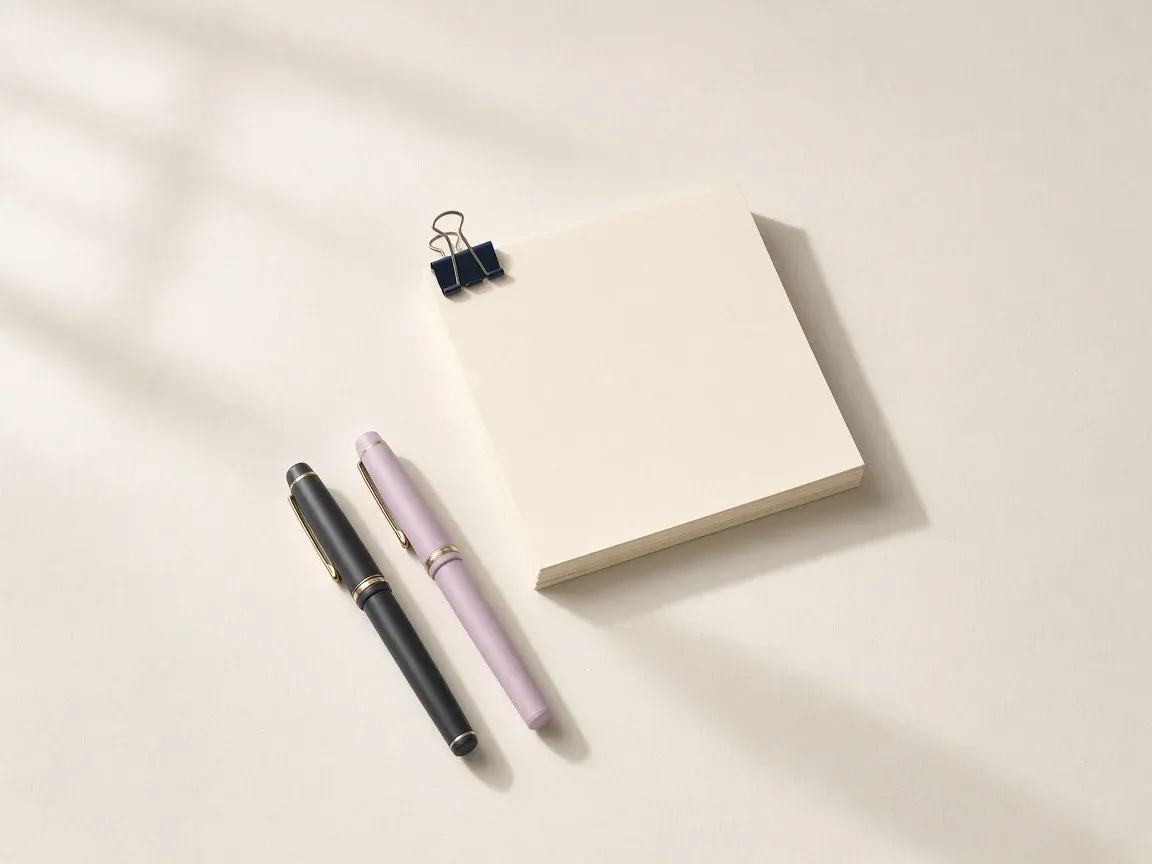 A clipped stack of paper beside a charcoal and an orchid fountain pen