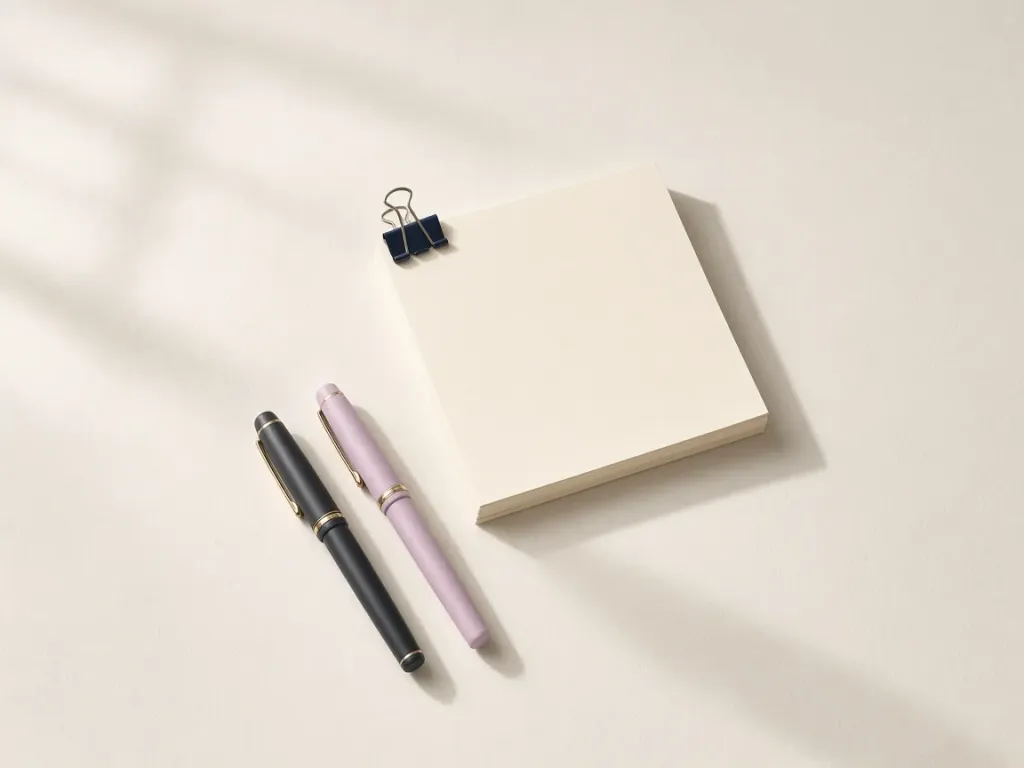 A clipped stack of paper beside a charcoal and an orchid fountain pen